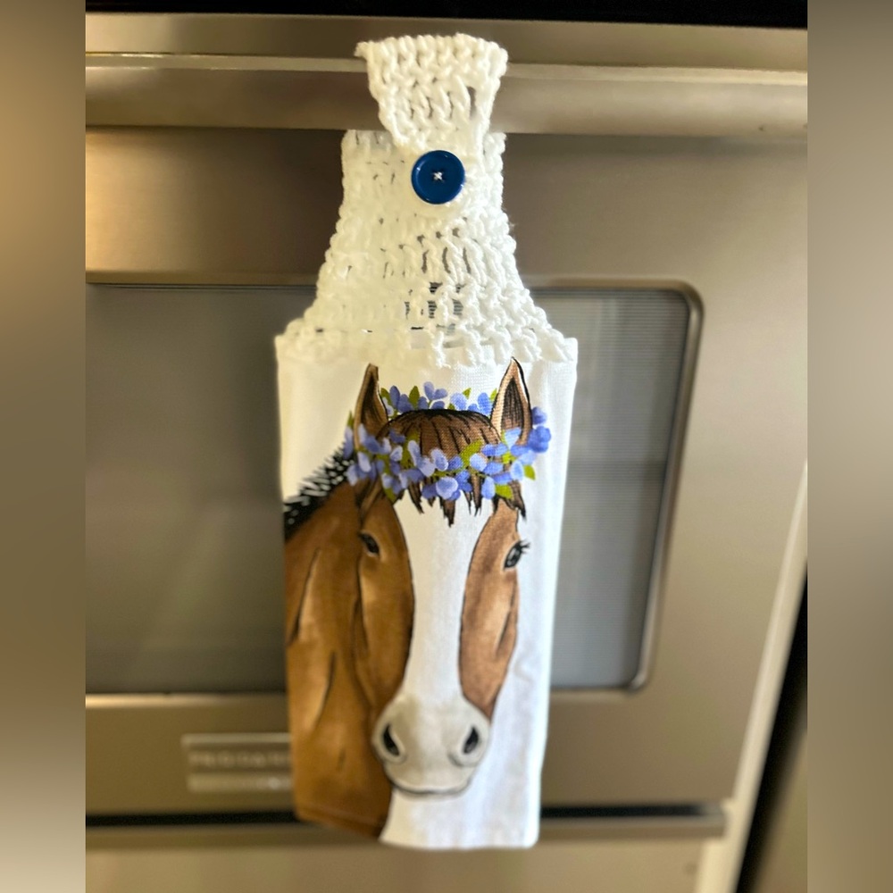 HAND CRAFTED Colorful Horse Crochet Top Hanging Kitchen or Bathroom Hand Towel - Picture 7 of 7
